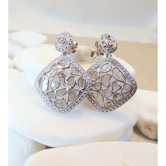 Genuine Rose Cut Diamond Sterling Silver Earrings 1.86CT - Picture 7 of 9